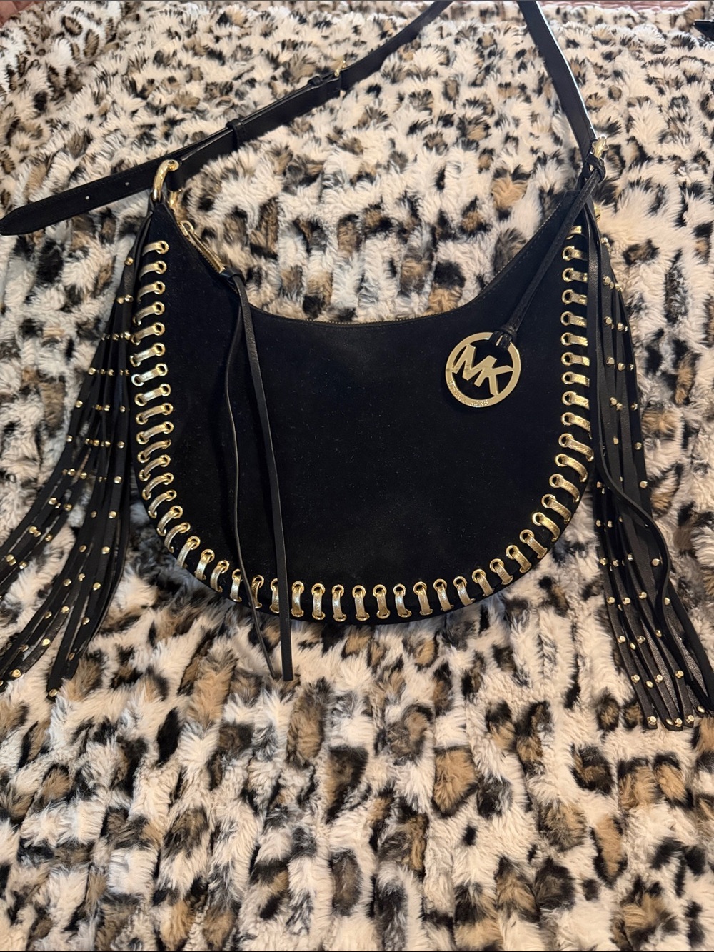 Michael Kors Black Suede Hobo with Gold Eyelet Trim and Fringe